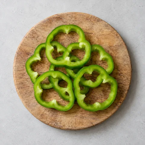 Seeded green bell pepper sliced into thin rings on a wooden cutting board.