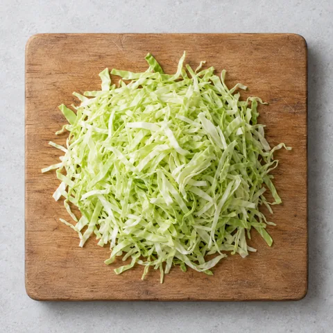 Thinly shredded green cabbage on a wooden cutting board.