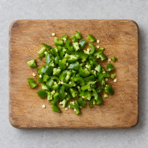 Chopped green chile pepper on a wooden cutting board.