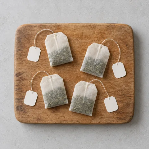 Green tea bags on a wooden cutting board.