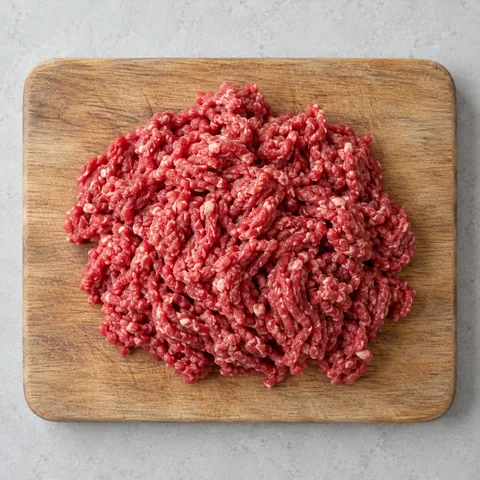 Raw ground beef on a wooden cutting board.