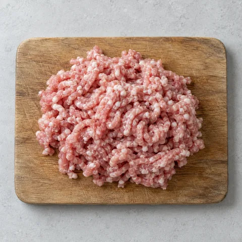 Raw ground pork on a wooden cutting board.