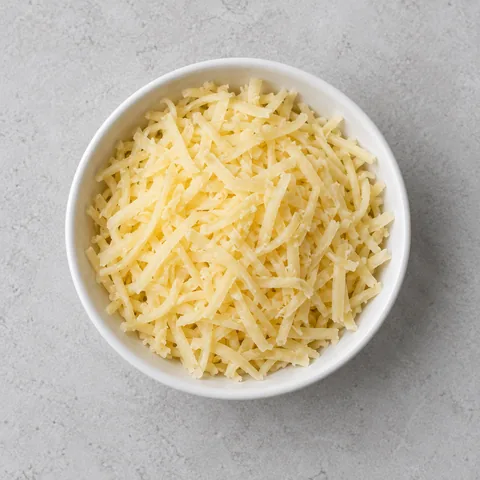 Shredded Gruyere cheese in a small white bowl.