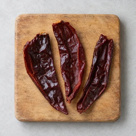 Dried guajillo chiles, stemmed and seeded on a wooden cutting board.