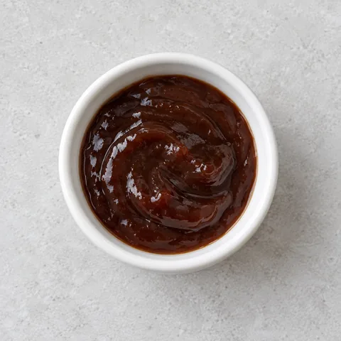 Hoisin sauce in a small white ramekin.