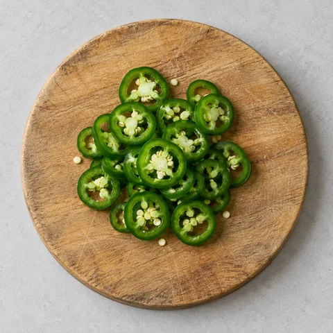 Thinly sliced jalapeno on a wooden cutting board.