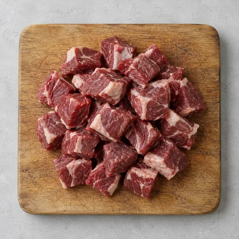 Raw lamb cut into 1 1/2-inch cubes on a wooden cutting board.