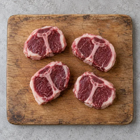 Raw lamb chops on a wooden cutting board.