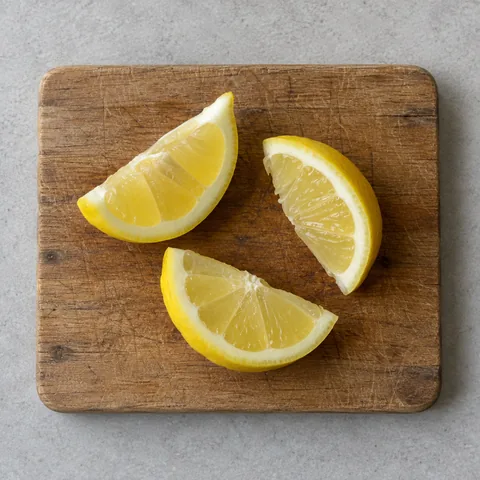 Lemon wedges on a cutting board.