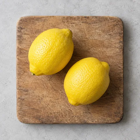Whole lemons on a wooden cutting board.