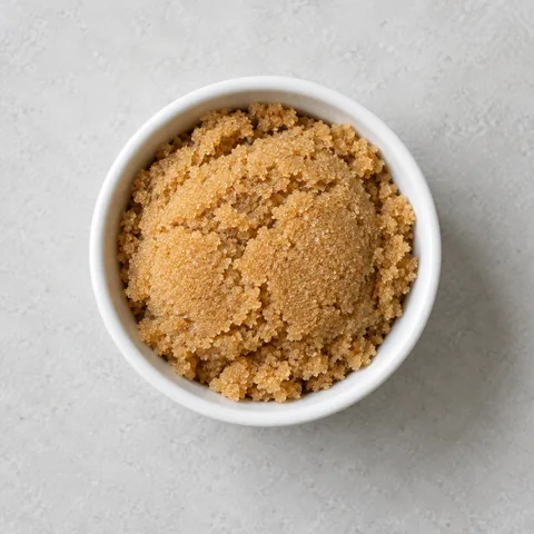 Packed light brown sugar in a small white ramekin.