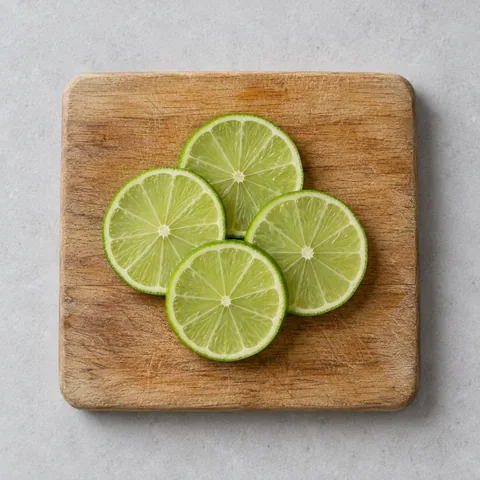 Lime slices on a wooden cutting board.