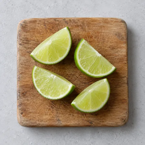 Lime wedges on a wooden cutting board.
