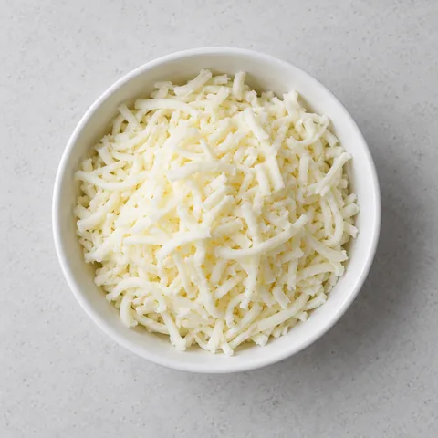Shredded mozzarella in a small white bowl.