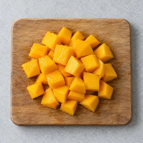 Chopped ripe mango on a wooden cutting board.