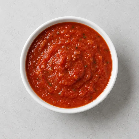Tomato pasta sauce in a small white bowl.