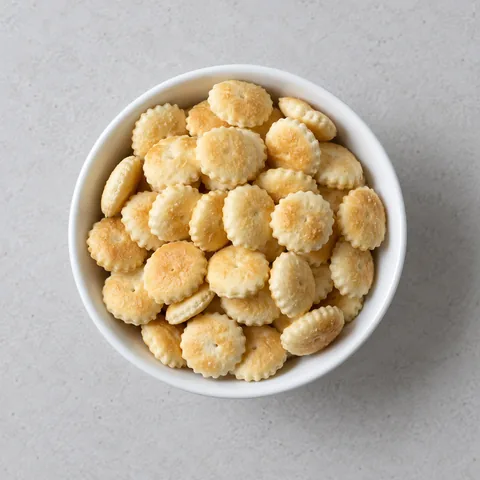 Oyster crackers in a small white bowl.