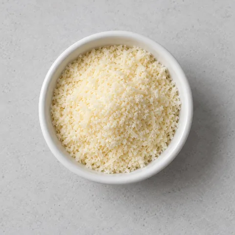 Finely grated Parmesan in a small white ramekin.