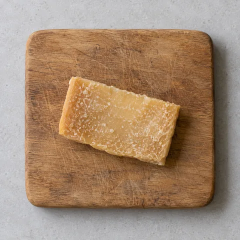 A Parmesan rind on a wooden cutting board.