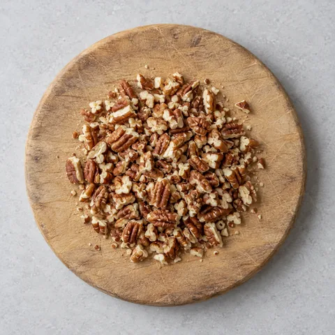 Chopped pecans on a wooden cutting board.