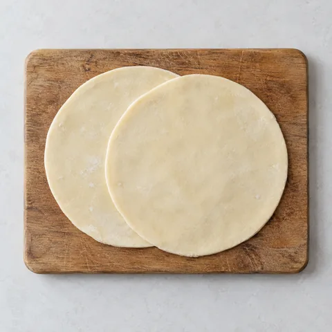 Ready-to-roll pie pastry rounds on a wooden cutting board.