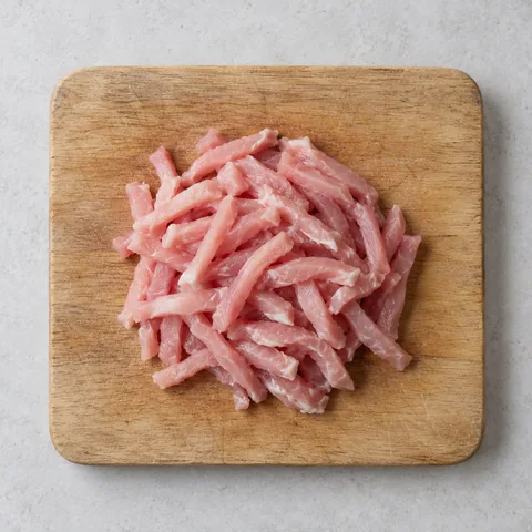 Raw boneless pork cut into thin matchsticks on a wooden cutting board.