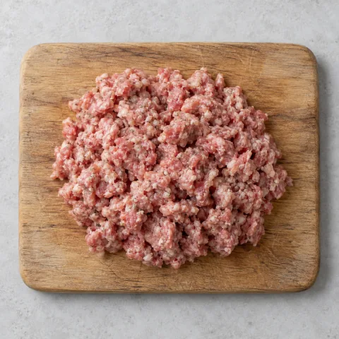 Raw bulk pork breakfast sausage on a wooden cutting board.