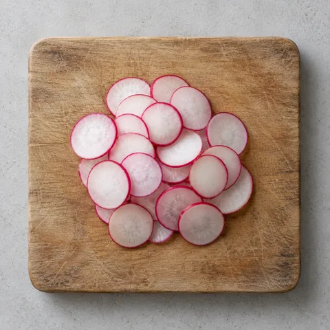 Thinly sliced radishes on a wooden cutting board.