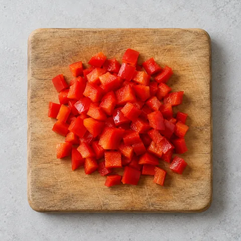 Seeded red bell pepper cut into small dice on a wooden cutting board.