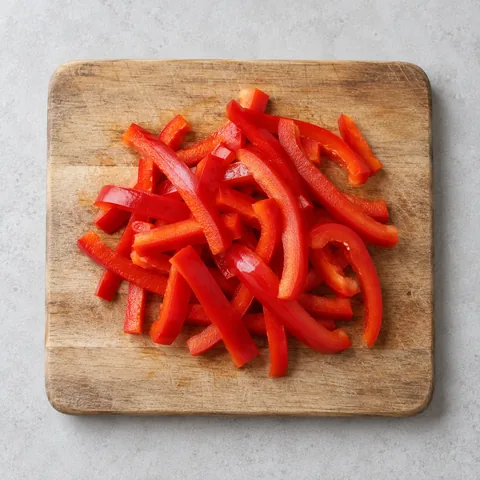 Seeded red bell pepper cut into thin strips on a wooden cutting board.