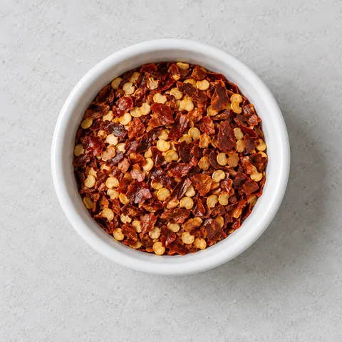 Crushed red pepper flakes in a small white ramekin.