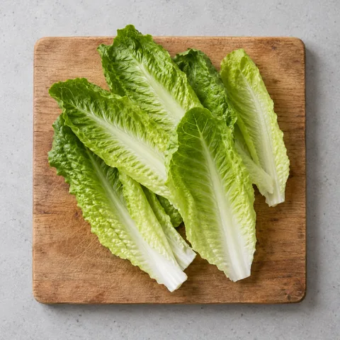Romaine heart leaves separated on a wooden cutting board.