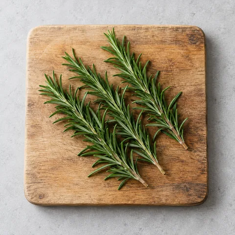 Fresh rosemary sprigs on a wooden cutting board.