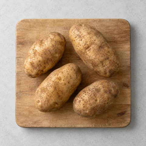 Whole russet potatoes, scrubbed on a wooden cutting board.