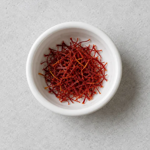 Saffron threads in a small white ramekin.