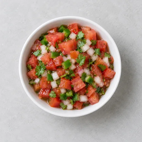 Fresh tomato salsa (pico de gallo) in a small white bowl.