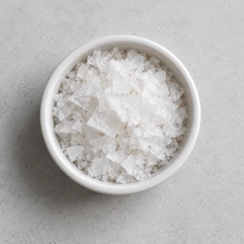 Flaky sea salt in a small white ramekin.