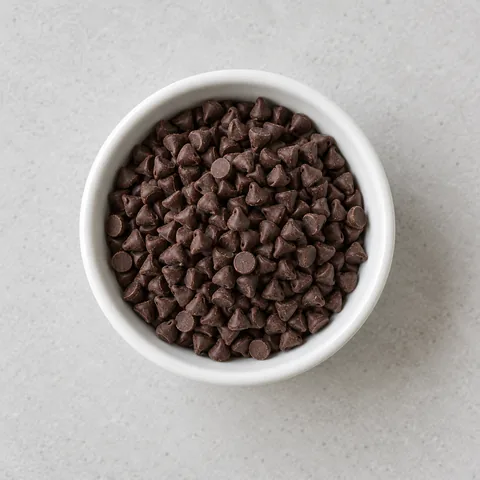 Mini semisweet chocolate chips in a small white ramekin.