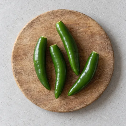 Whole serrano chiles, stemmed on a wooden cutting board.