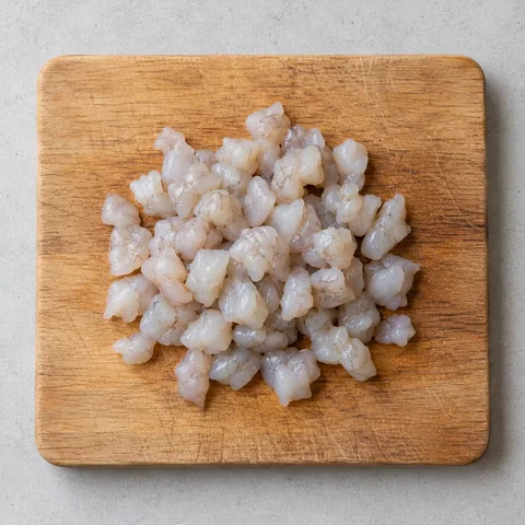 Raw peeled shrimp, chopped on a wooden cutting board.