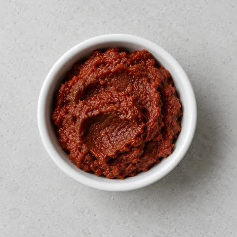 Sun-dried tomato paste in a small white ramekin.