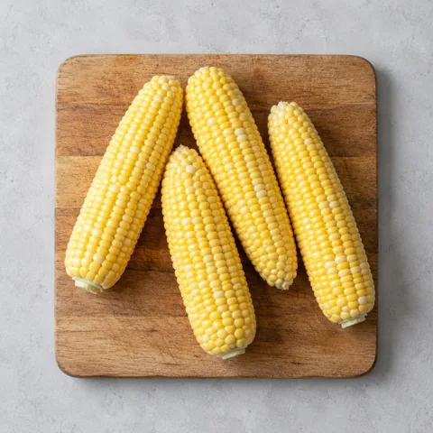 Ears of fresh sweet corn, husked on a wooden cutting board.