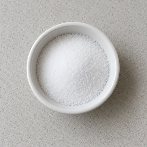 Fine table salt in a small white bowl.