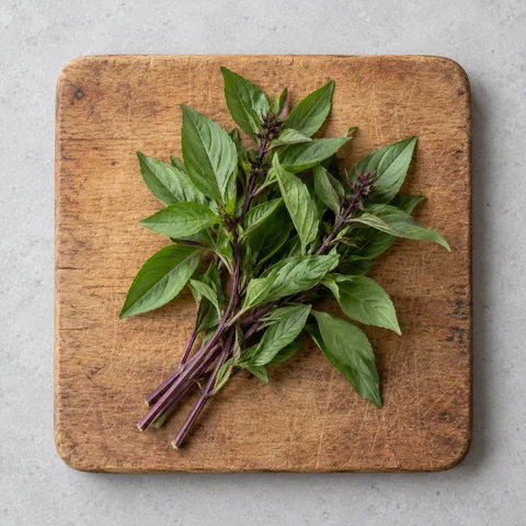 Thai basil sprigs on a wooden cutting board.