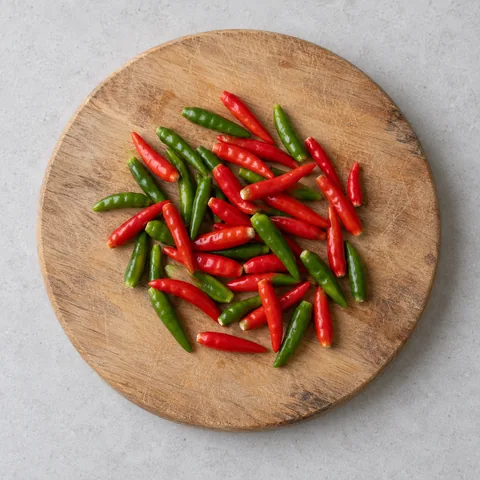 Thai bird chilies on a wooden cutting board.