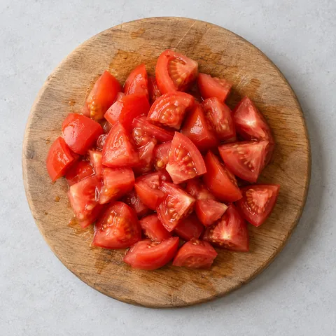 Ripe tomatoes cut into rough chunks on a wooden cutting board.