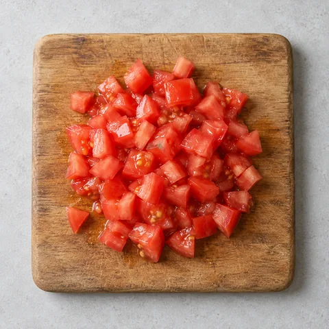 Diced ripe tomato on a wooden cutting board.