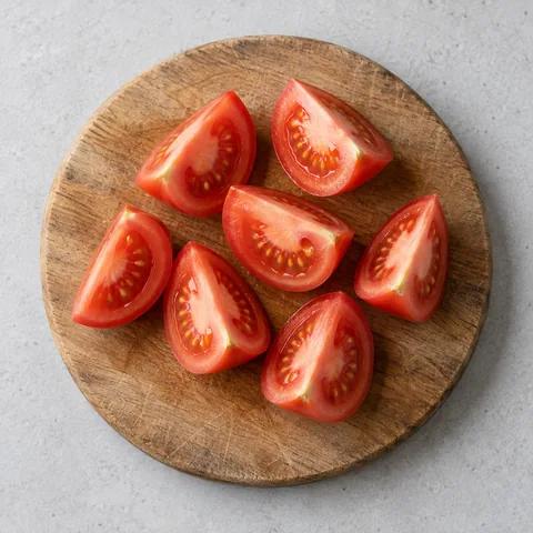 Tomato cut into wedges on a wooden cutting board.