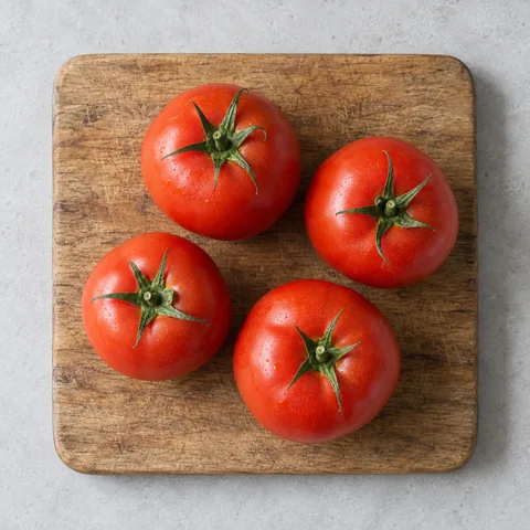 Ripe whole tomatoes on a wooden cutting board.