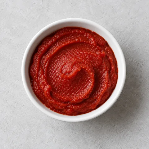 Tomato puree in a small white bowl.